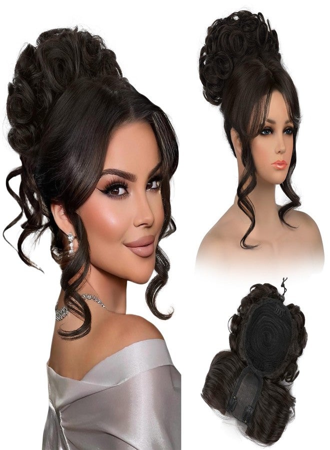 REECHO Messy Bun Hair Piece with Bangs - 2-in-1 Hair Bun Hairpieces Curly Updo Wig & Hair Topper with Long Side Bangs Natural-Looking Drawstring Ponytail Extension for Women - Black Brown - Image 1